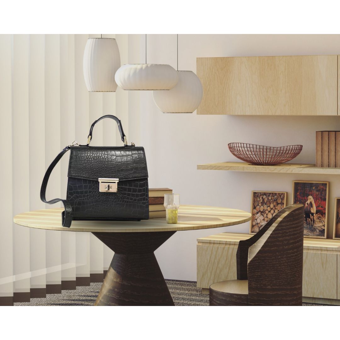Sac à main en cuir noir pour femmes avec embossage crocodile