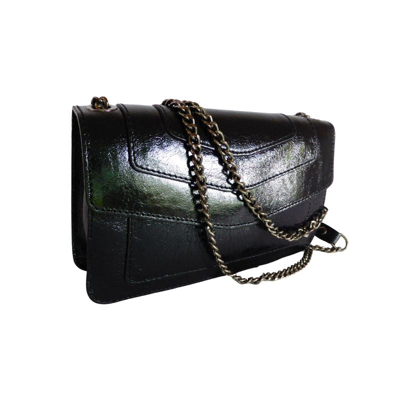 Élégante pochette en cuir pour femmes avec chaîne - noire