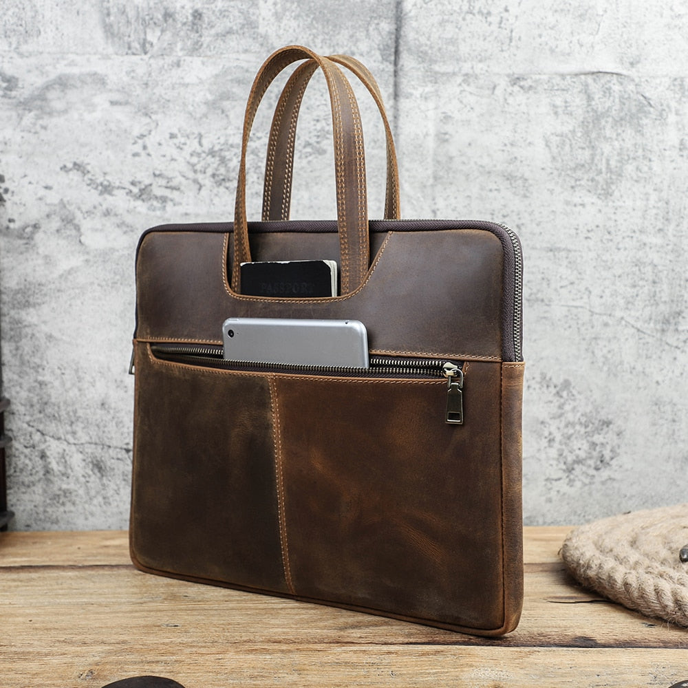 Sac Ordinateur à Main Vintage en Cuir de Luxe