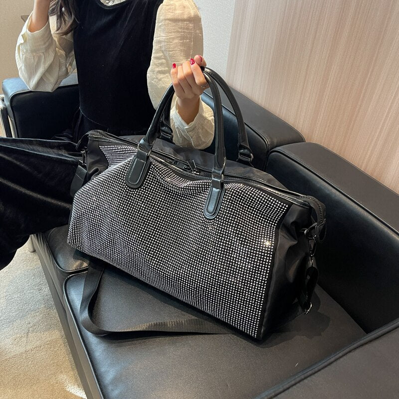 Sac de Voyage à Bandoulière Chic à Strass en Nylon