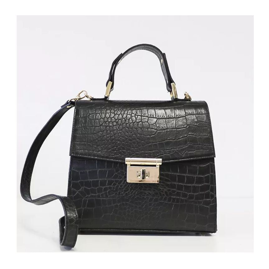 Sac à main en cuir noir pour femmes avec embossage crocodile