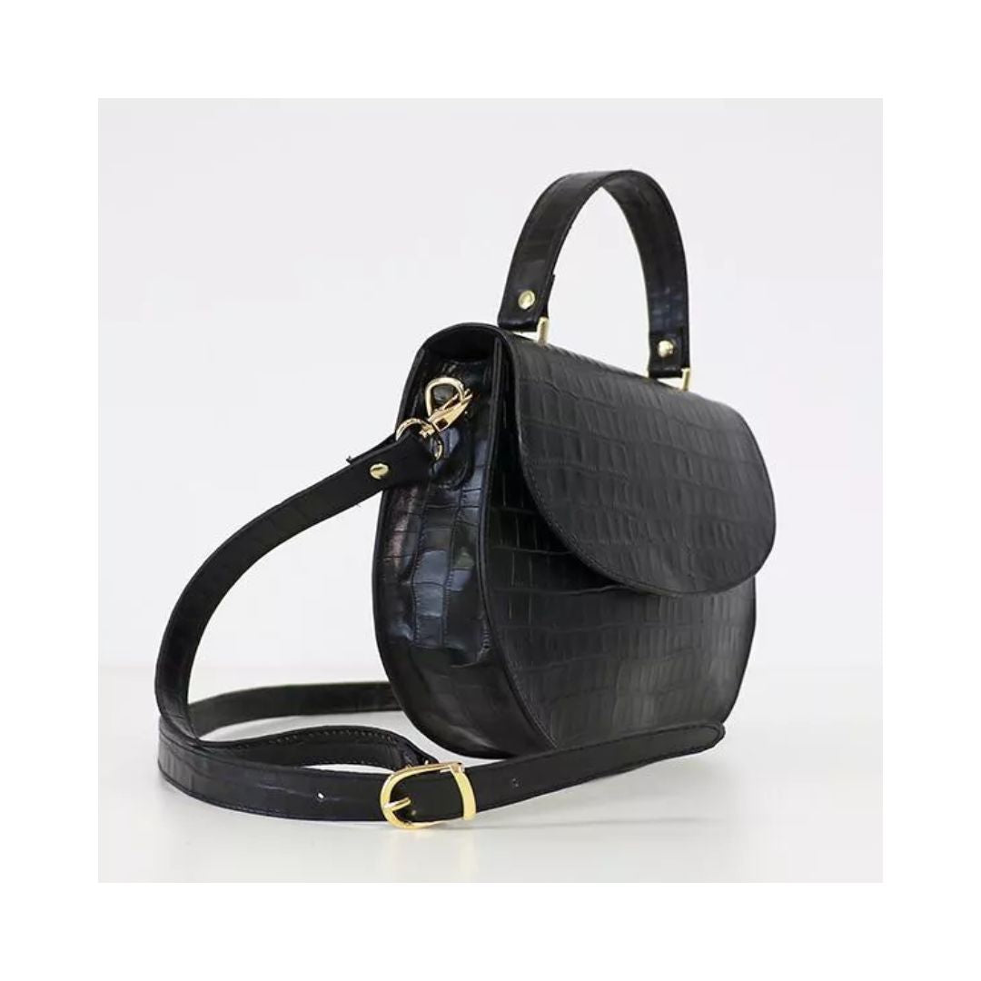 Sac à main en cuir noir pour femmes avec embossage serpent