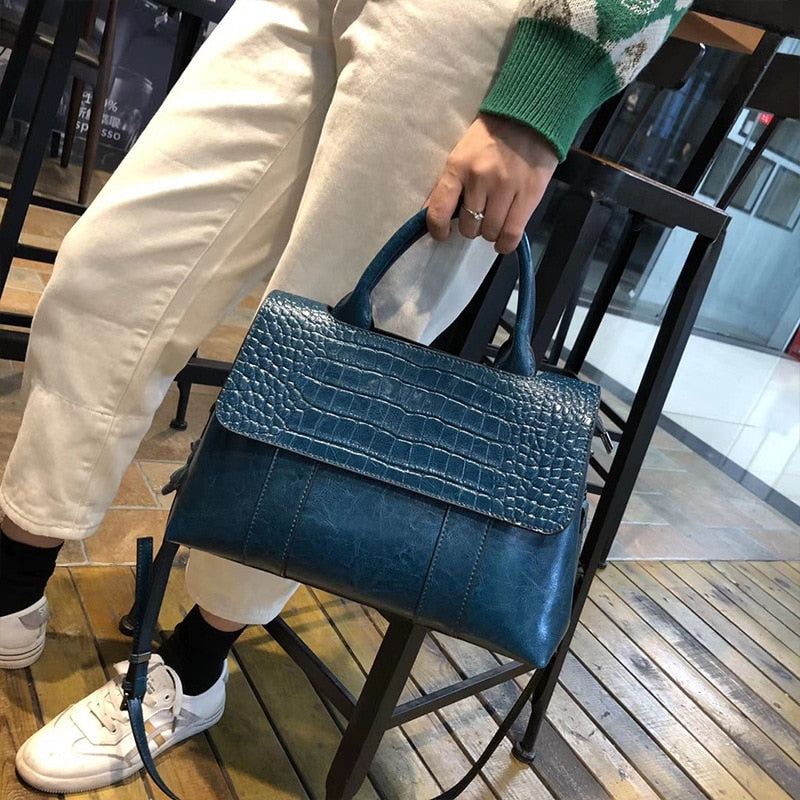 Sac Bandoulière en Cuir Croco de Grande Capacité