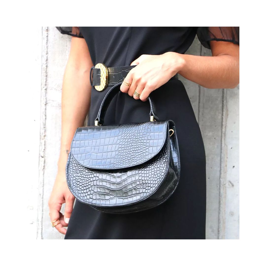 Sac à main en cuir noir pour femmes avec embossage serpent