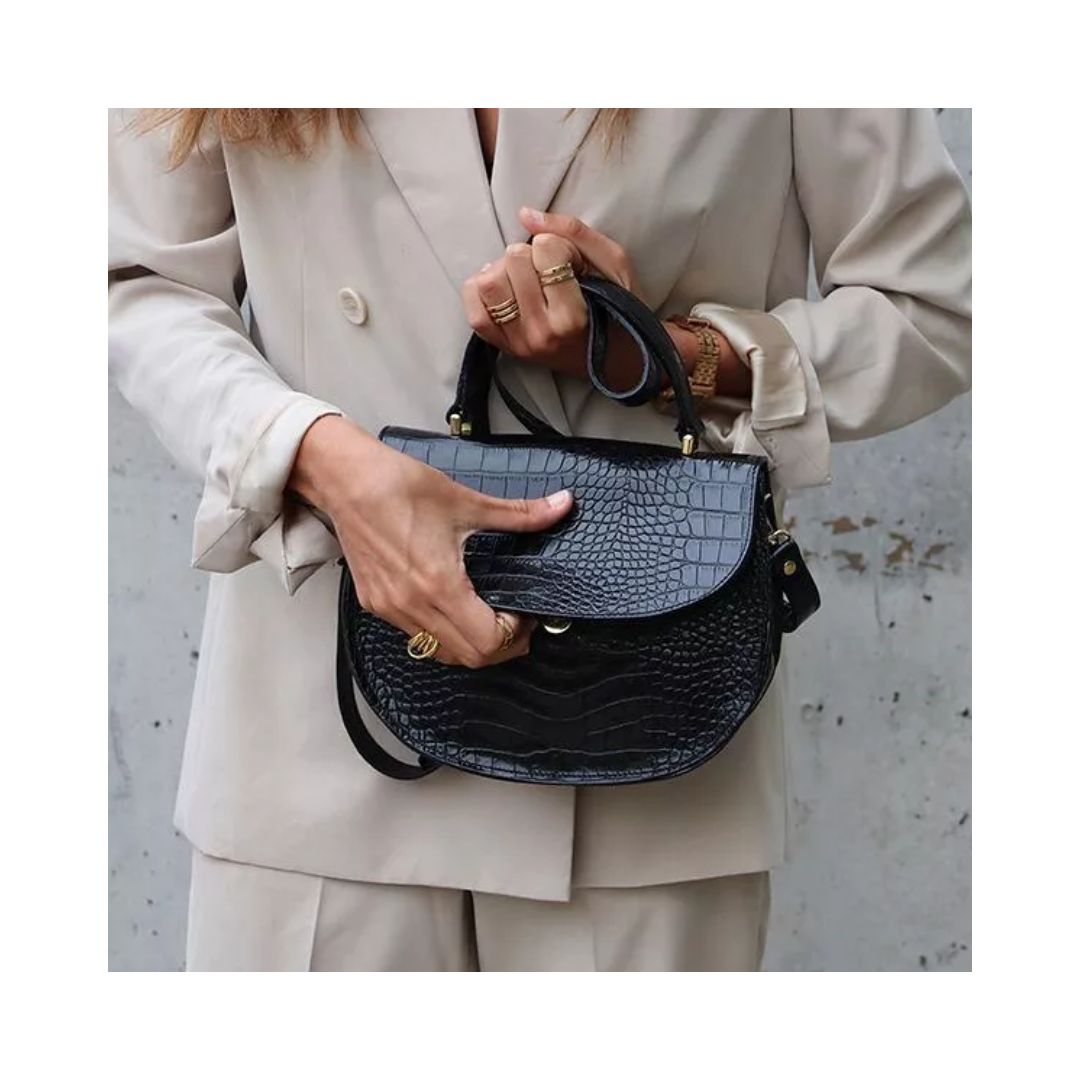 Sac à main en cuir noir pour femmes avec embossage serpent