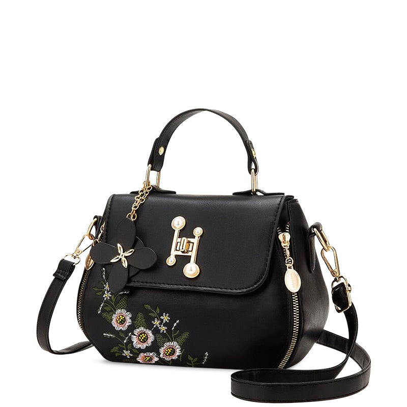 Sac à main pour femmes – Sac à épaule noir de luxe avec broderie