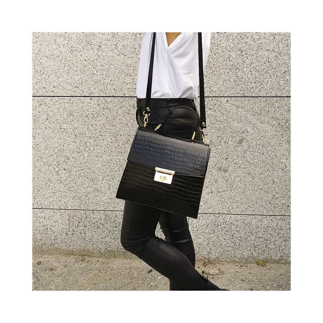 Sac à main en cuir noir pour femmes avec embossage crocodile