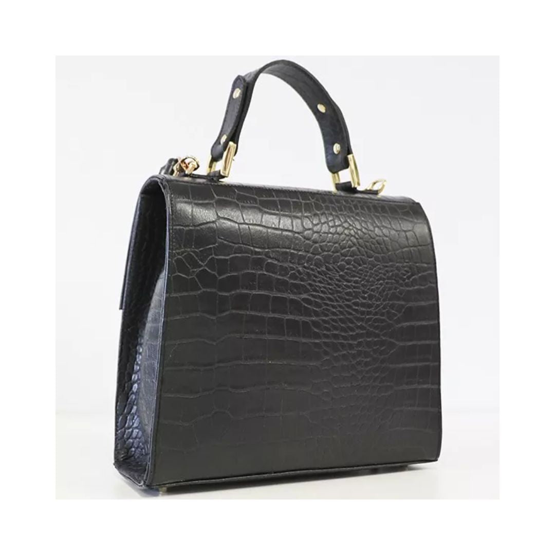 Sac à main en cuir noir pour femmes avec embossage crocodile