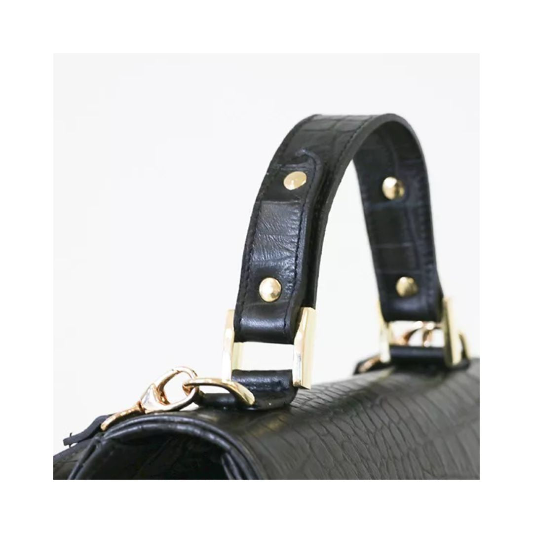 Sac à main en cuir noir pour femmes avec embossage crocodile