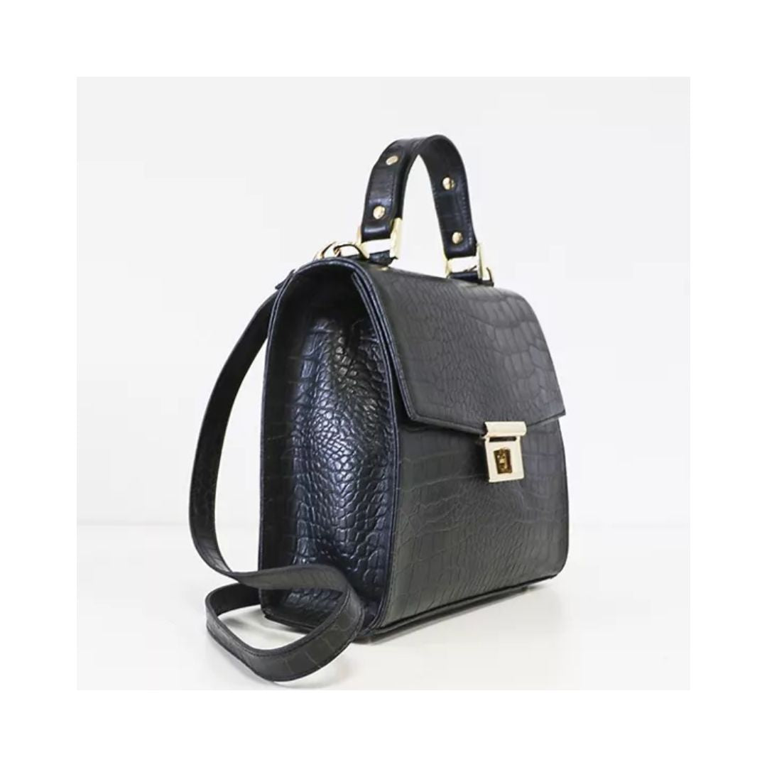 Sac à main en cuir noir pour femmes avec embossage crocodile