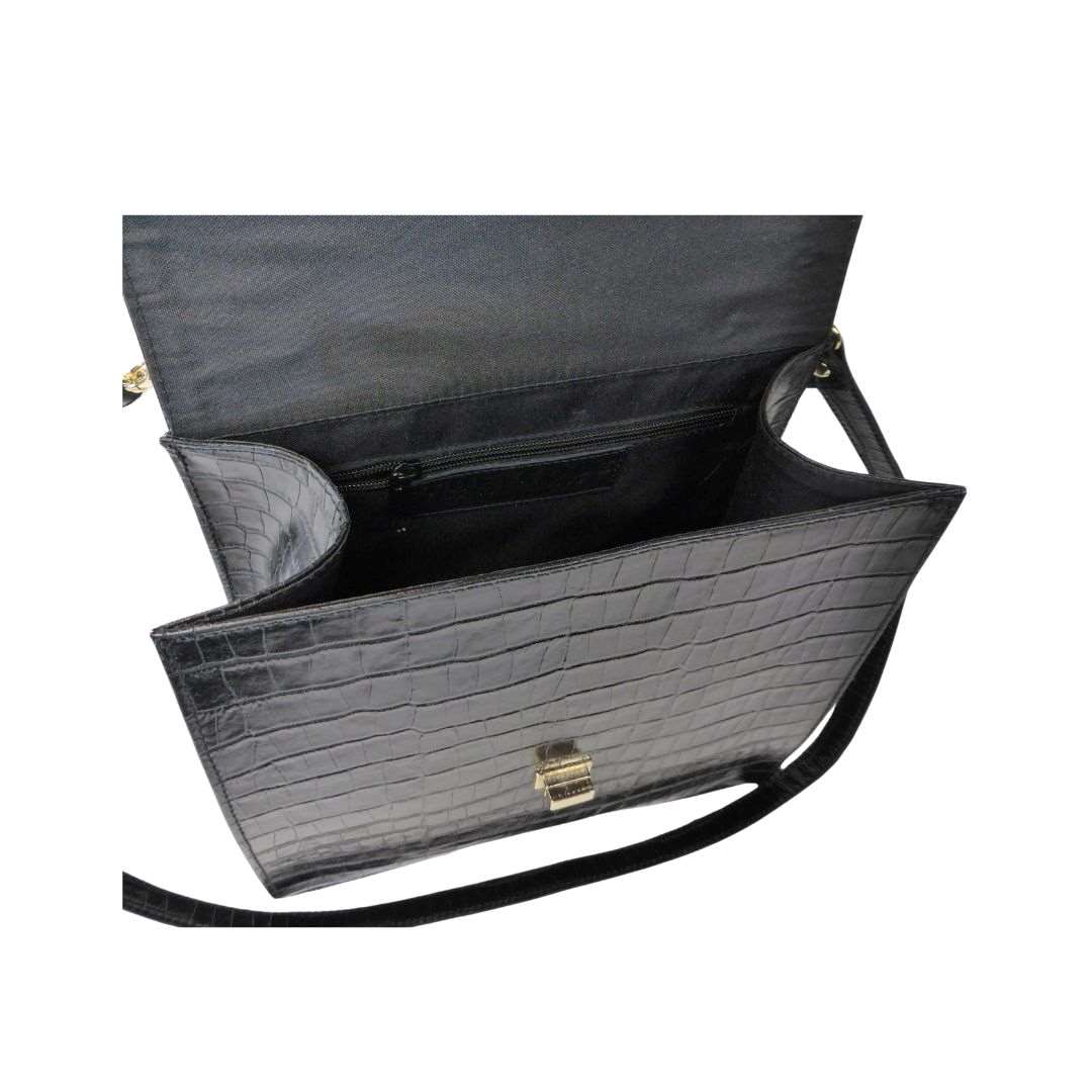 Sac à main en cuir noir pour femmes avec embossage serpent