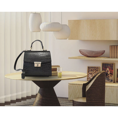 Sac à main en cuir noir pour femmes avec embossage crocodile