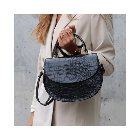 Sac à main en cuir noir pour femmes avec embossage serpent