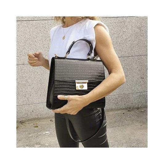 Sac à main en cuir noir pour femmes avec embossage crocodile